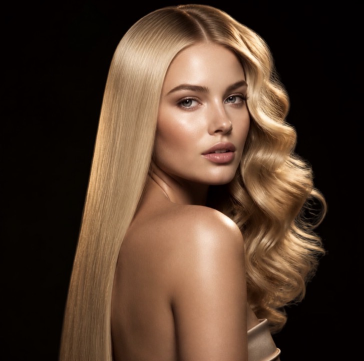Model with long platinum-blonde hair, pin-straight on one side and in soft curls on the other